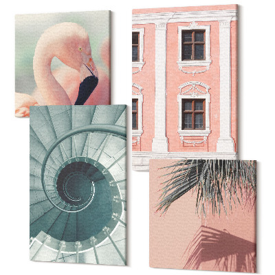 Zestaw obrazów kwadryptyk na ścianę Architektura w pastelowych odcieniach i wzory spiralne