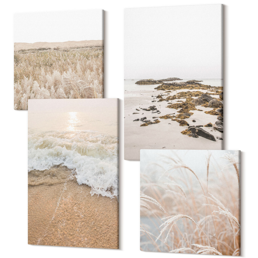 Zestaw obrazów 4 części kwadryptyk Plaża z falami i kamieniami nadmorskimi lato
