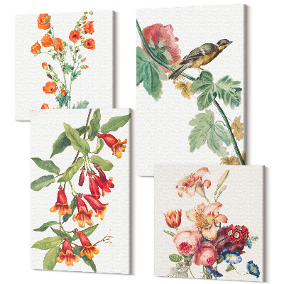 Zestaw obrazów na płótnie kwadryptyk Malowane kwiaty retro i ptak na gałęzi