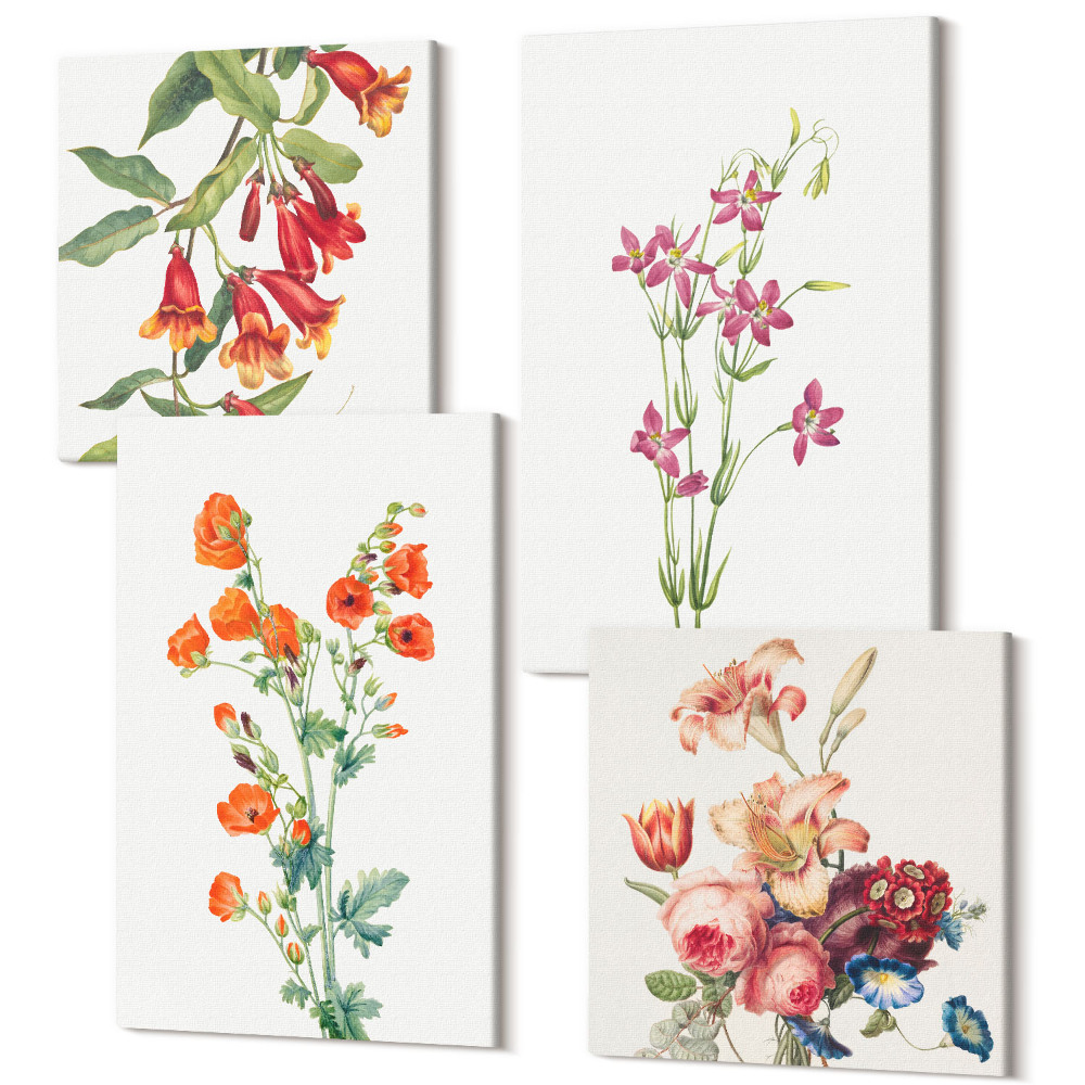 Zestaw obrazów kwadryptyk na ścianę Malunek kwiatów w stylu vintage retro