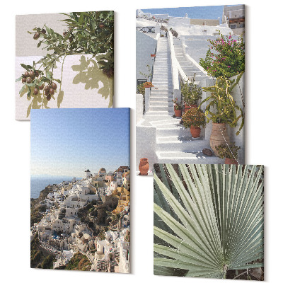 Zestaw obrazów 4 części kwadryptyk Białe schody w Santorini z widokiem na miasteczko