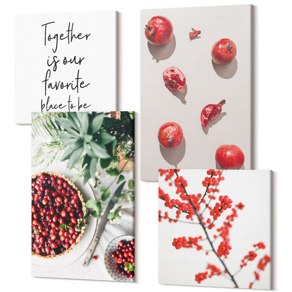 Zestaw obrazów na płótnie kwadryptyk Czerwone owoce i rośliny w minimalistycznym stylu