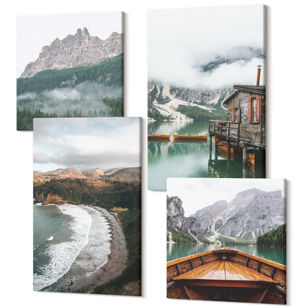 Zestaw obrazów kwadryptyk na ścianę Górskie krajobrazy z plażą drewnianym domem łodzią