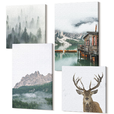 Zestaw obrazów kwadryptyk na ścianę Góry jezioro jeleń chata i mgła w lesie