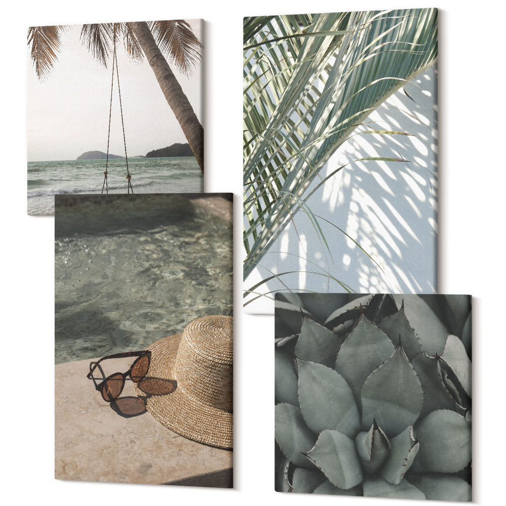Zestaw obrazów 4 części kwadryptyk Tropikalne rośliny i letnie wakacyjne akcenty