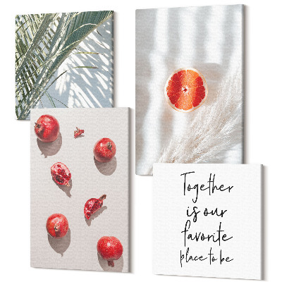 Zestaw obrazów kwadryptyk na ścianę Wakacyjne owoce tropikalne liście palmy napis