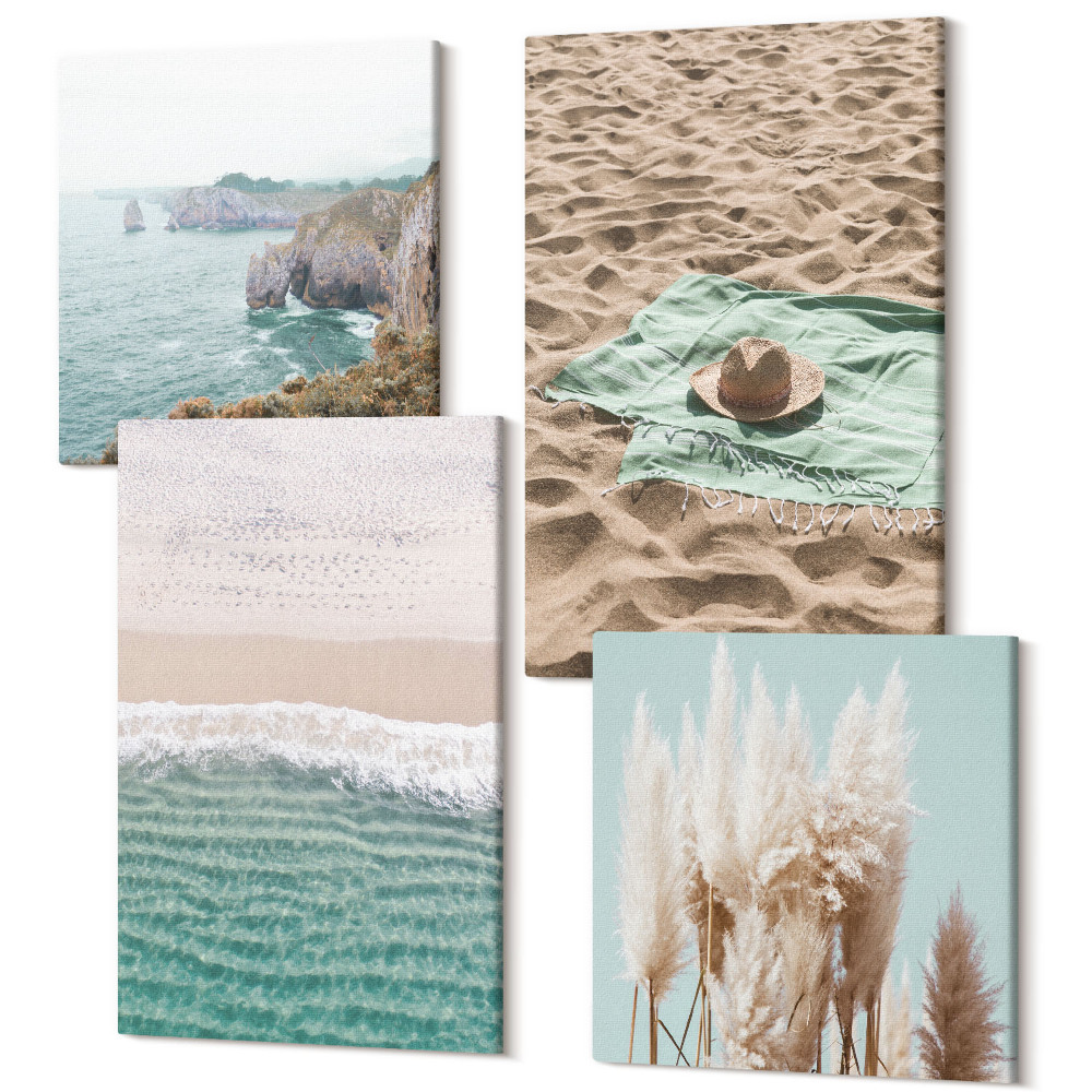 Zestaw obrazów kwadryptyk na ścianę Plaża fale trawa kapelusz piasek relaks natura