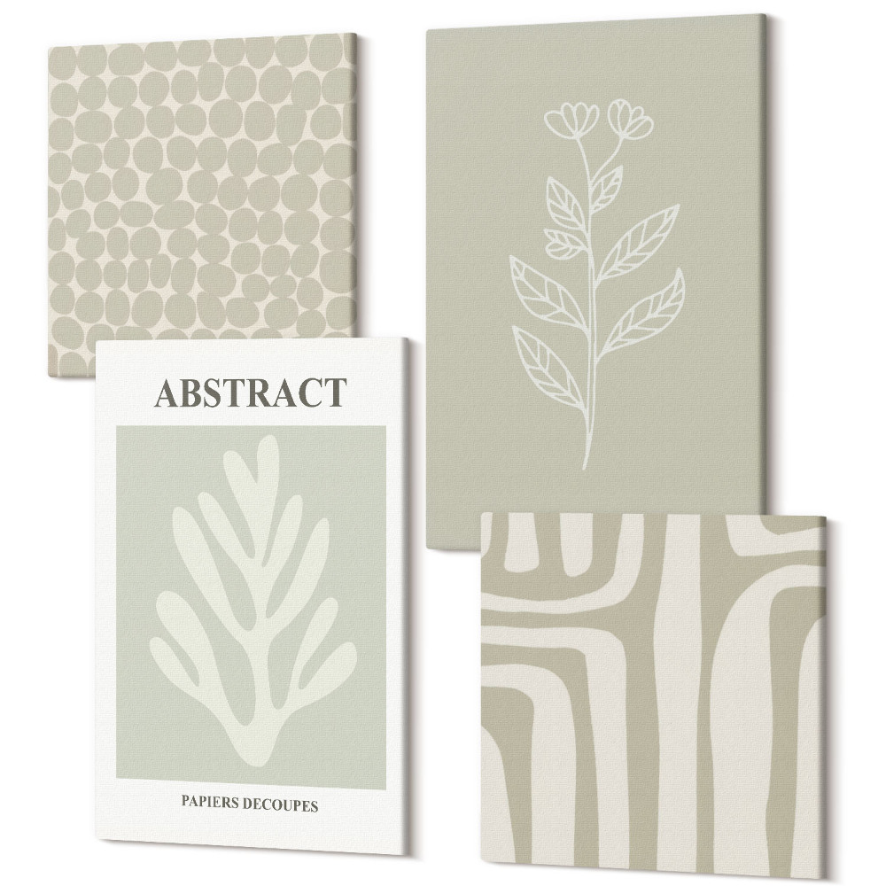 Zestaw obrazów 4 części kwadryptyk Wzory roślinne i geometryczne w stonowanej kolorystyce