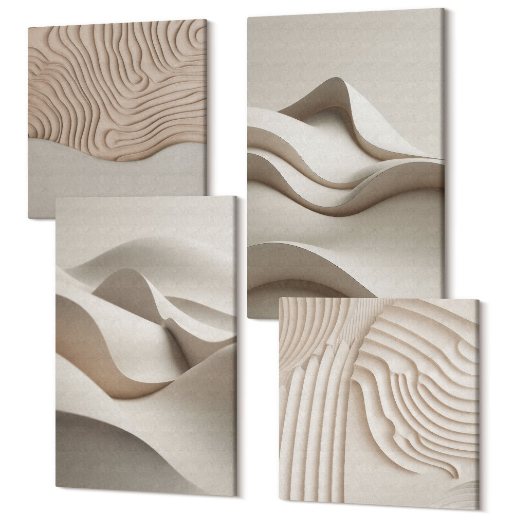 Zestaw obrazów na płótnie kwadryptyk Abstrakcyjne fale i struktury w odcieniach beżu