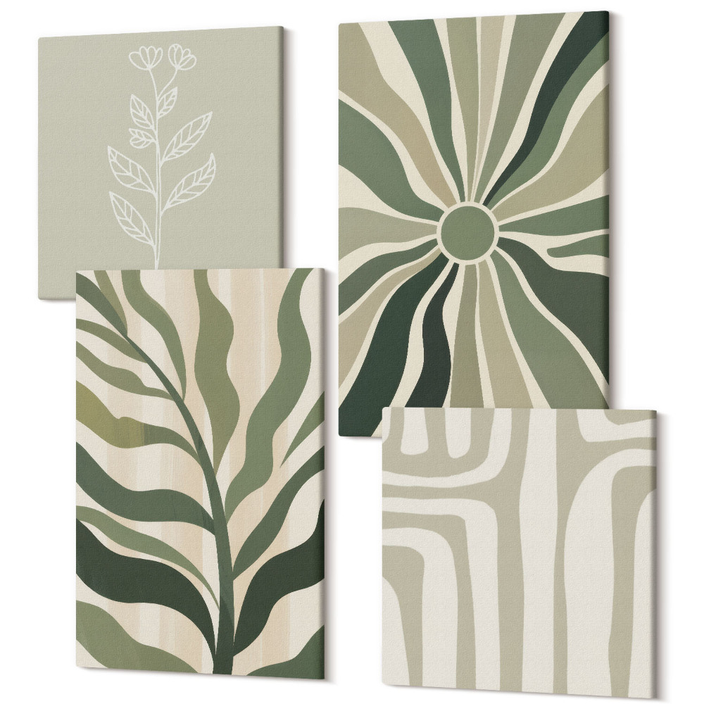 Zestaw obrazów 4 części kwadryptyk Wzory roślinne w odcieniach zieleni minimalizm