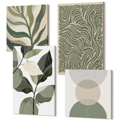 Zestaw obrazów 4 części kwadryptyk Liście i geometryczne kształty abstrakcja