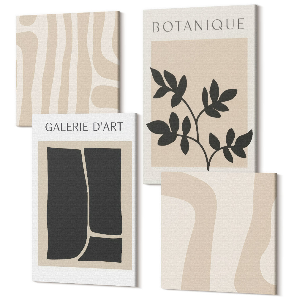 Zestaw obrazów 4 części kwadryptyk Abstrakcyjne kształty i roślinne motywy w neutralnych tonach