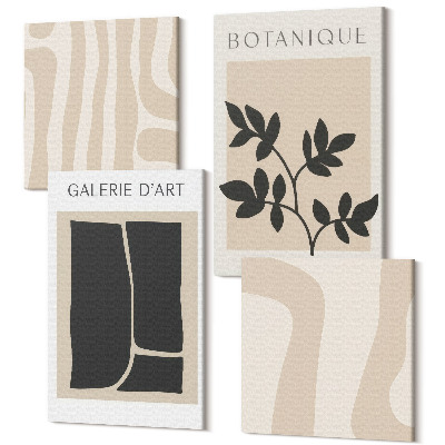 Zestaw obrazów 4 części kwadryptyk Abstrakcyjne kształty i roślinne motywy w neutralnych tonach