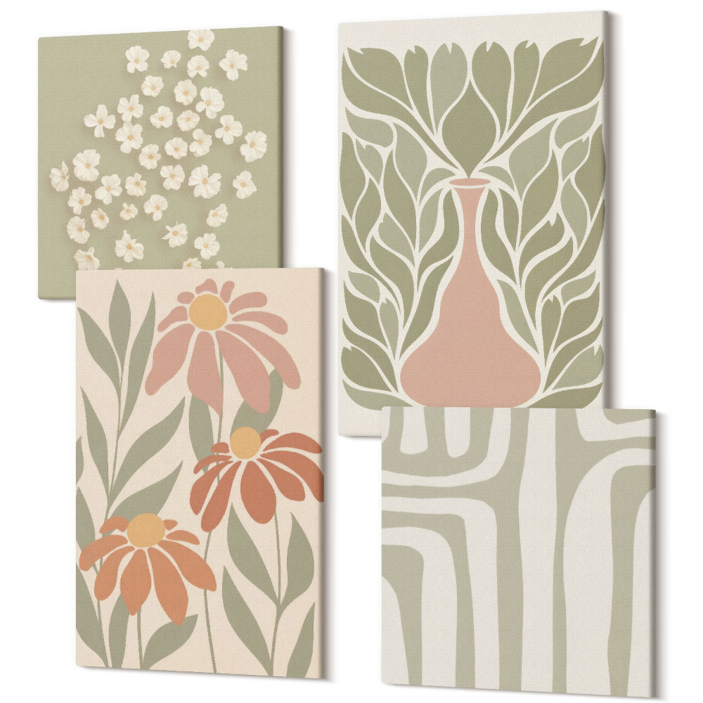 Zestaw obrazów 4 części kwadryptyk Kwiatowe motywy minimalistyczne wzory styl boho