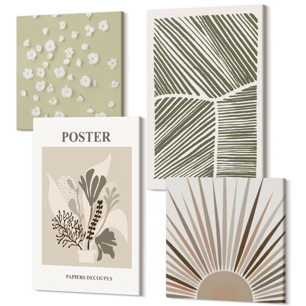 Zestaw obrazów 4 części kwadryptyk Roślinne motywy w stonowanych kolorach i wzorach