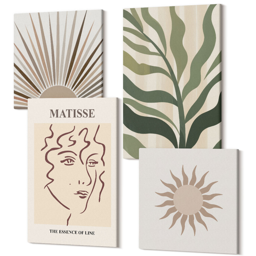 Zestaw obrazów 4 części kwadryptyk Abstrakcyjne wzory roślinne i linie w stonowanej kolorystyce