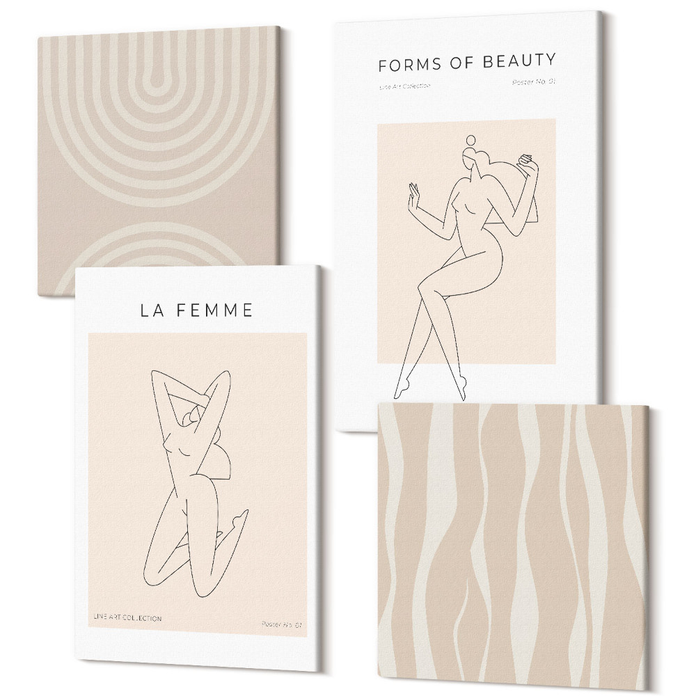 Zestaw obrazów 4 części kwadryptyk Kolekcja minimalistycznych form i naturalnych kształtów