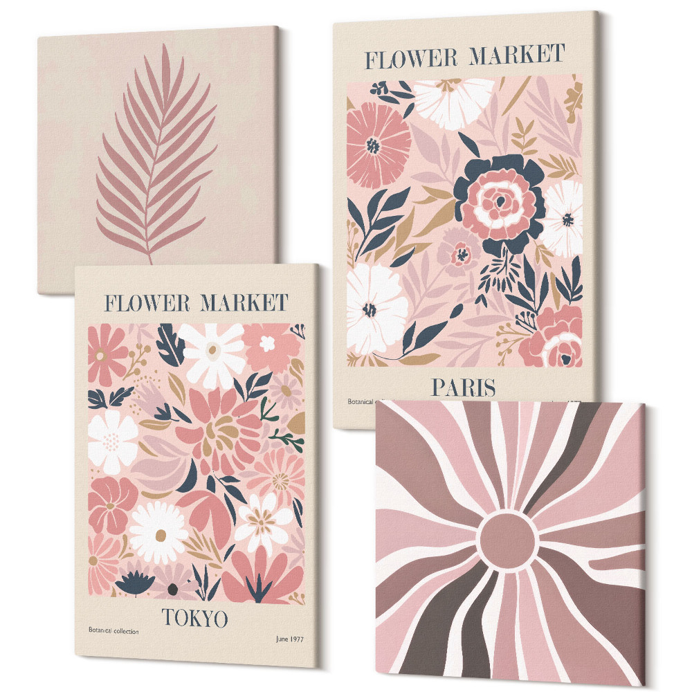 Zestaw obrazów na płótnie kwadryptyk Kwiatowe wzory z liściem i geometrycznymi kształtami