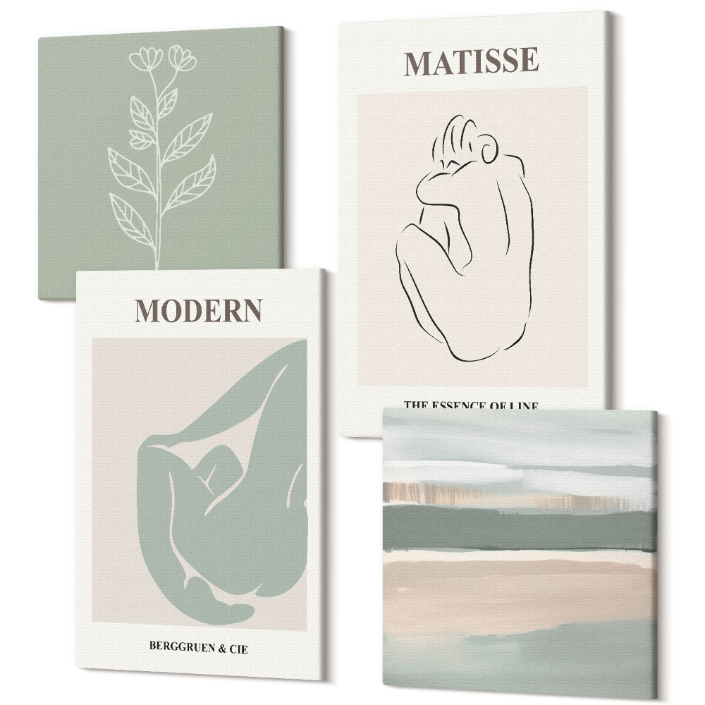 Zestaw obrazów kwadryptyk na ścianę Abstrakcyjne kształty w pastelowych odcieniach z roślinami