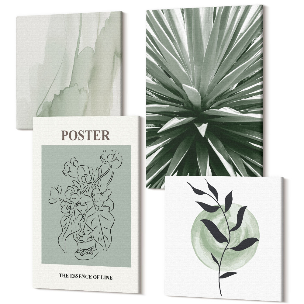 Zestaw obrazów 4 części kwadryptyk Roślinne wzory w odcieniach zieleni i beżu