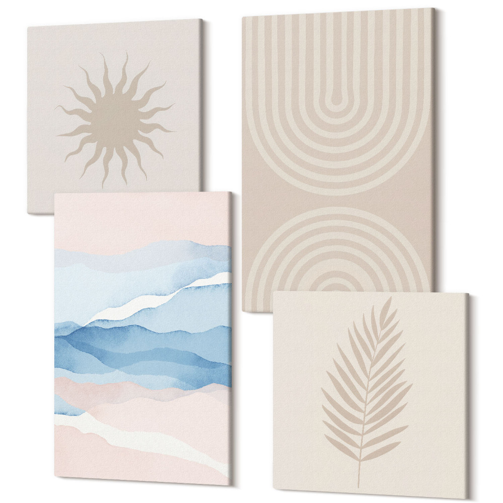 Zestaw obrazów kwadryptyk na ścianę Słońce fale i abstrakcyjne linie w pastelowych kolorach