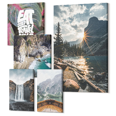 Zestaw obrazów pentaptyk na ścianę Krajobrazy przyrody z wodospadami i górskimi widokami