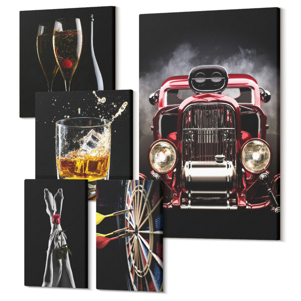 Zestaw obrazów 5 części pentaptyk Stylowe motywy retro z samochodami i drinkami