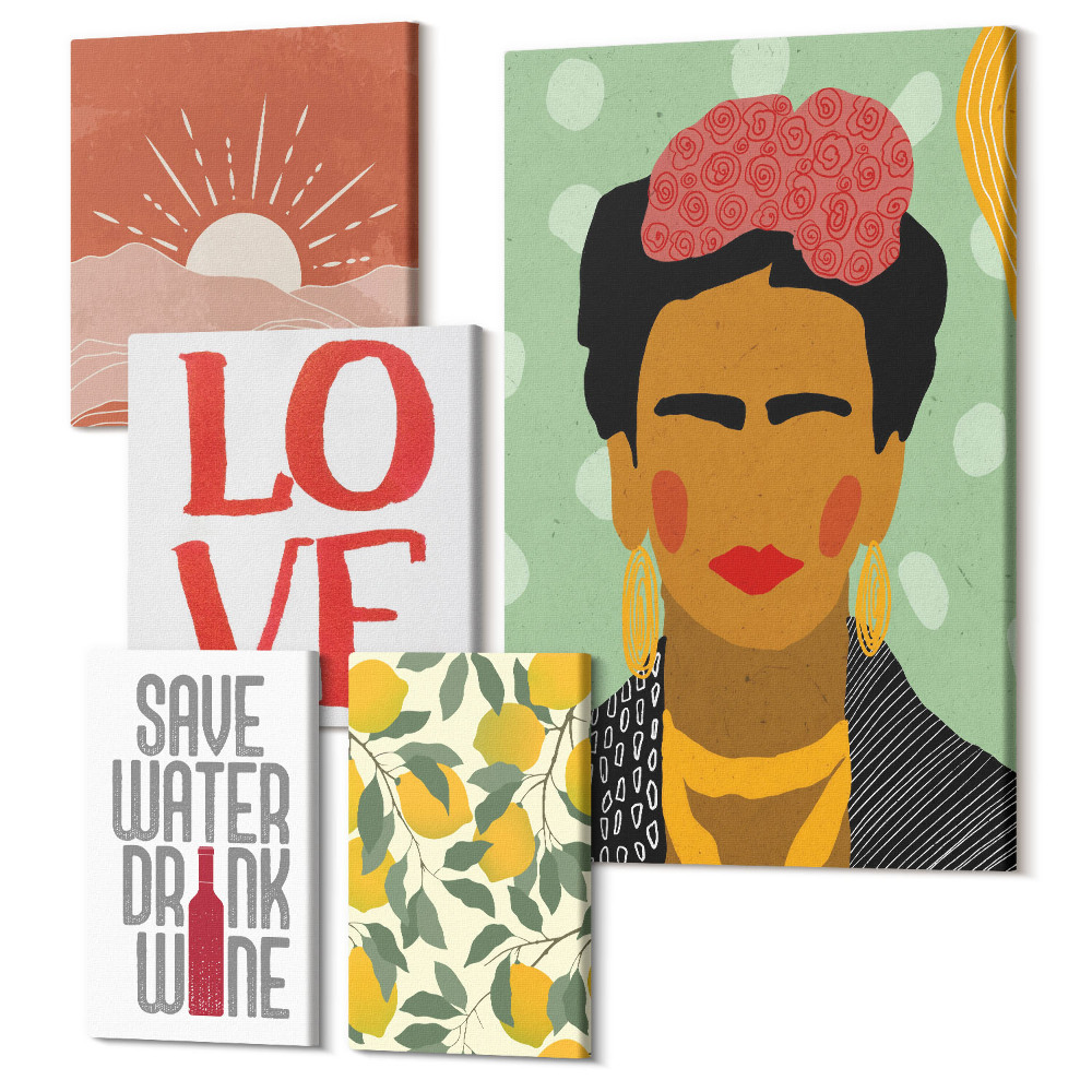 Zestaw obrazów 5 części pentaptyk Styl boho z motywem kwiatowym i postacią kobiecą