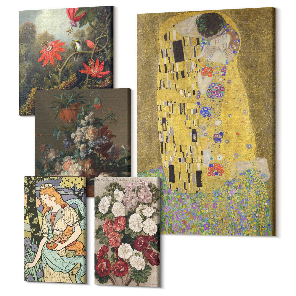 Zestaw obrazów na płótnie pentaptyk Kwiatowe kompozycje i romantyczne sceny w sztuce