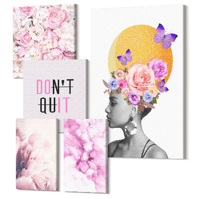 Zestaw obrazów 5 części pentaptyk Kwiatowe motywy z kobietą i inspirującymi hasłami