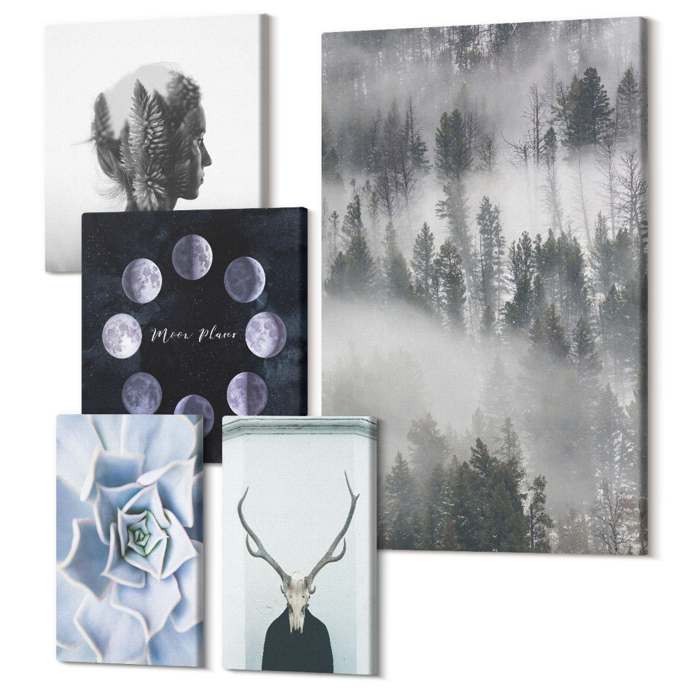 Zestaw obrazów na płótnie pentaptyk Naturalne motywy leśne i kosmiczne zjawiska