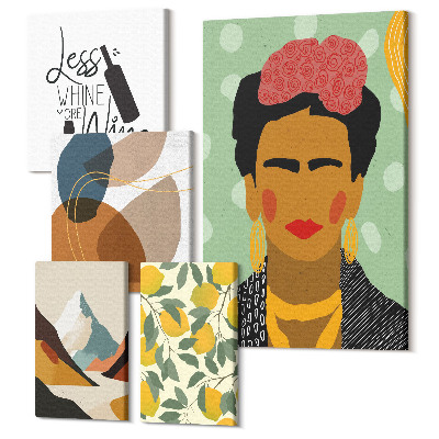 Zestaw obrazów pentaptyk na ścianę Styl boho z portretami i abstrakcyjnymi wzorami