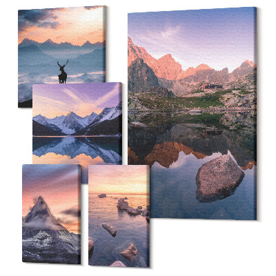 Zestaw obrazów 5 części pentaptyk Górskie pejzaże z zachodem słońca i wodnymi odbiciami