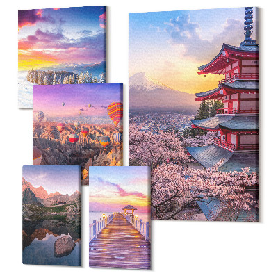 Zestaw obrazów na płótnie pentaptyk Krajobrazy azjatyckie z górami i kwitnącymi drzewami