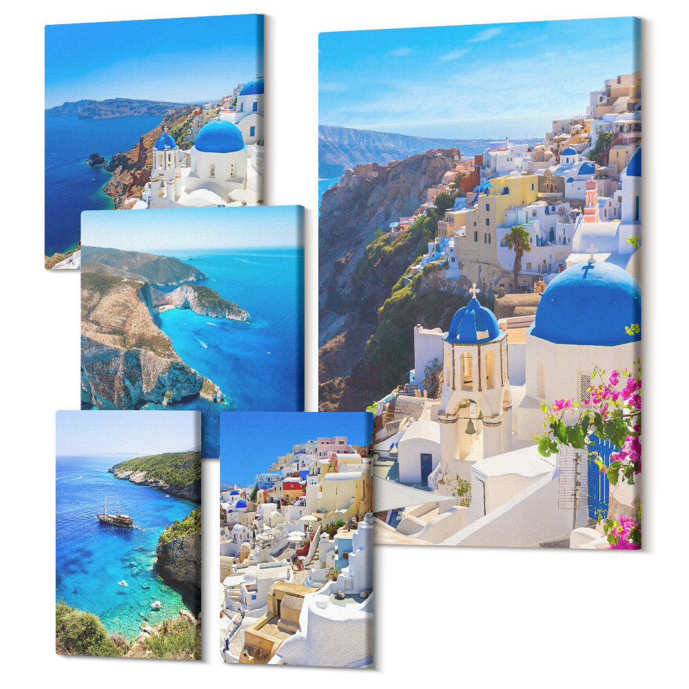 Zestaw obrazów pentaptyk na ścianę Widoki na greckie wyspy z niebieskimi kopułami