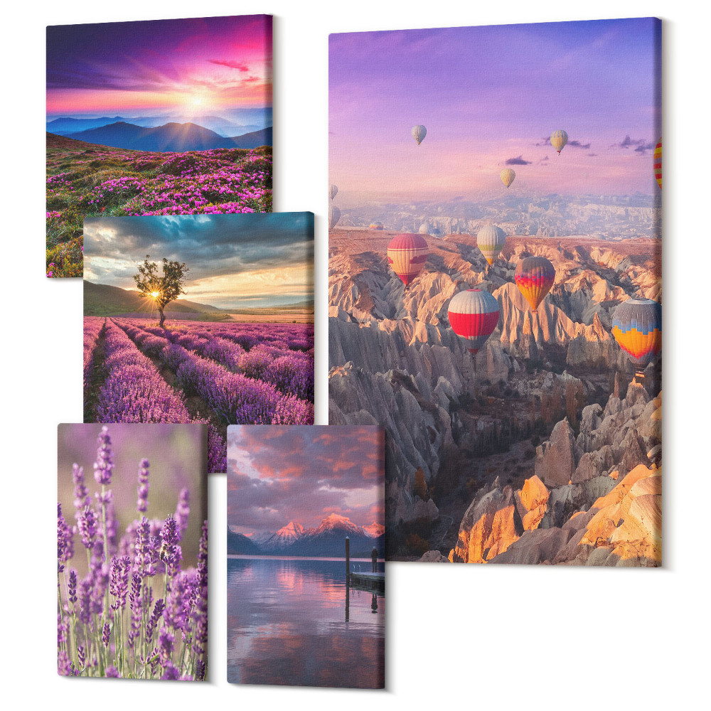 Zestaw obrazów 5 części pentaptyk Krajobrazy z lawendą i balonami na gorące powietrze