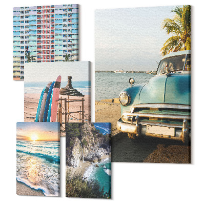 Zestaw obrazów na płótnie pentaptyk Stylowe plażowe krajobrazy z samochodami i surfingu