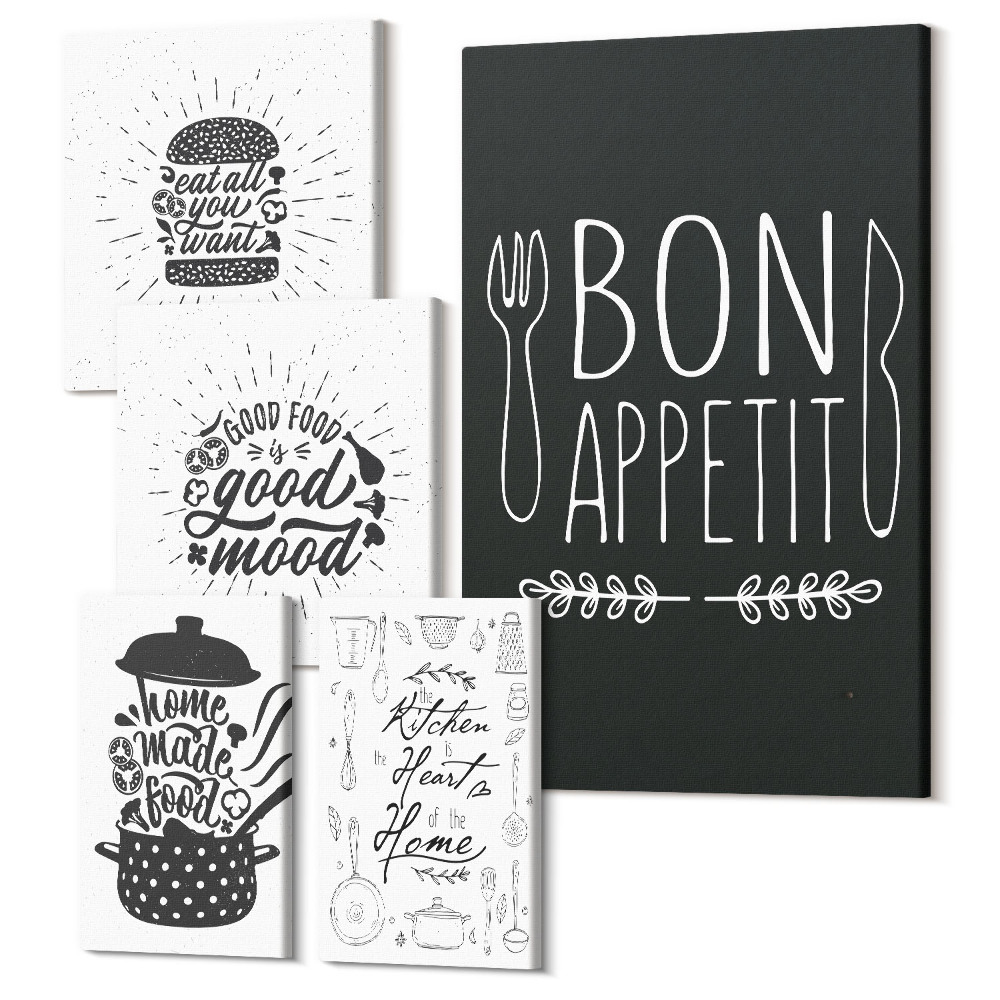 Zestaw obrazów pentaptyk na ścianę Kuchenne inspiracje z hasłami o jedzeniu i gotowaniu