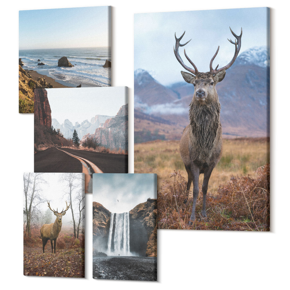 Zestaw obrazów 5 części pentaptyk Przyroda i dzikie zwierzęta w malowniczych krajobrazach