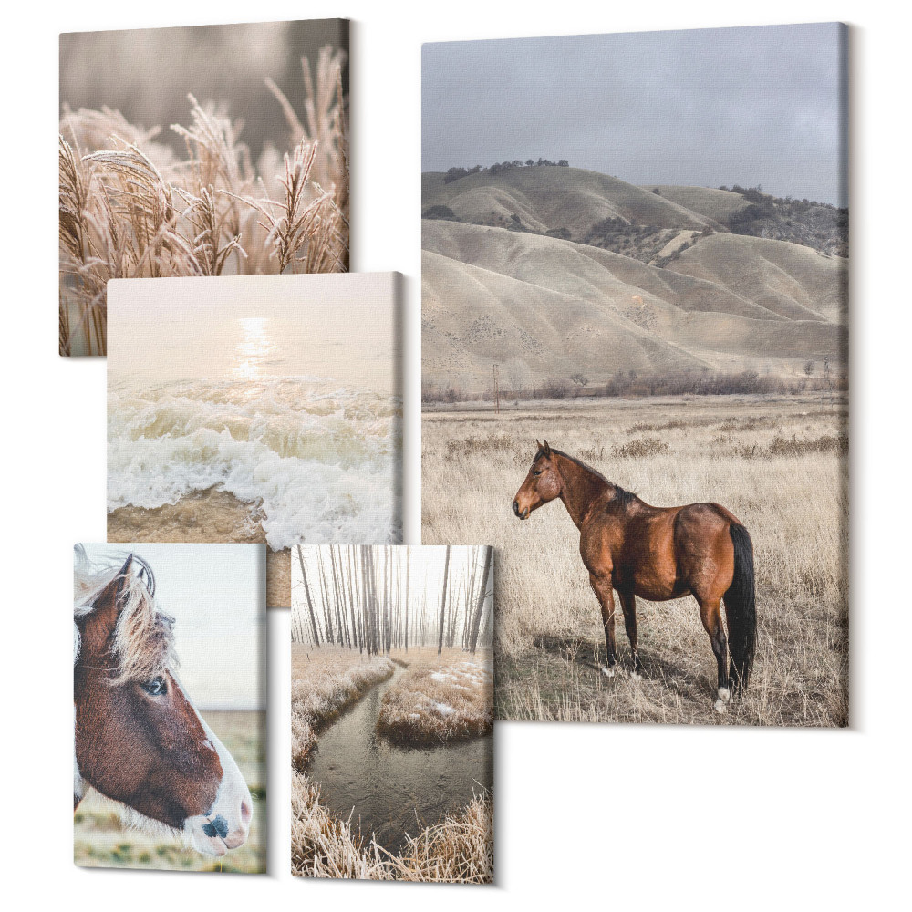 Zestaw obrazów pentaptyk na ścianę Krajobrazy natury z końmi i spokojnymi wodami