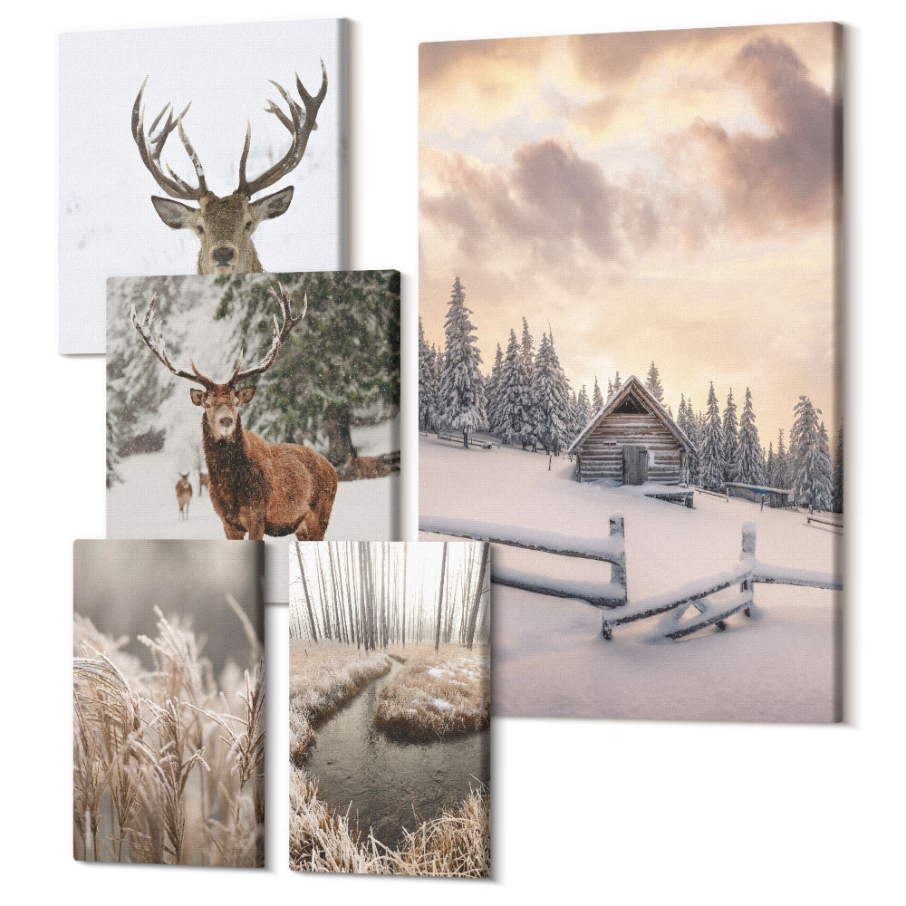 Zestaw obrazów pentaptyk na ścianę Zimowe krajobrazy z jeleniem i sielskim domkiem w lesie