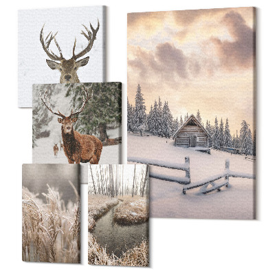 Zestaw obrazów pentaptyk na ścianę Zimowe krajobrazy z jeleniem i sielskim domkiem w lesie