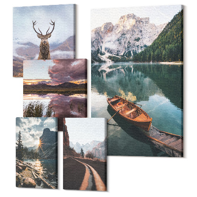 Zestaw obrazów 5 części pentaptyk Naturalne krajobrazy z górami jeziorami i dziką przyrodą