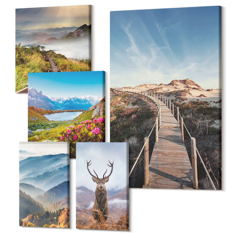 Zestaw obrazów na płótnie pentaptyk Naturalne krajobrazy górskie i leśne z dziką fauną