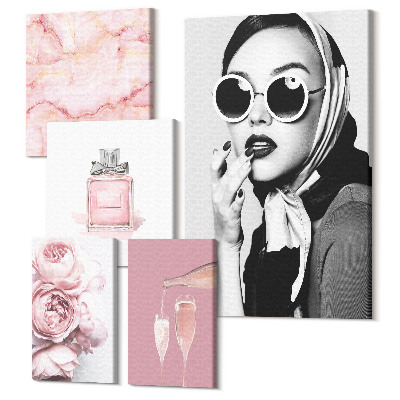 Zestaw obrazów 5 części pentaptyk Stylowe akcenty w odcieniach różu i elegancji