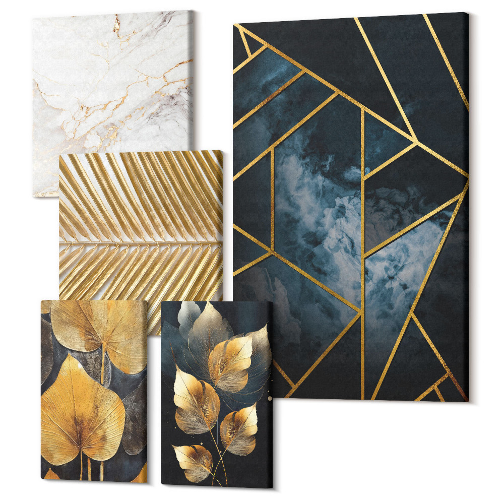 Zestaw obrazów 5 części pentaptyk Stylowe dekoracje z motywem liści i geometrycznym wzorem