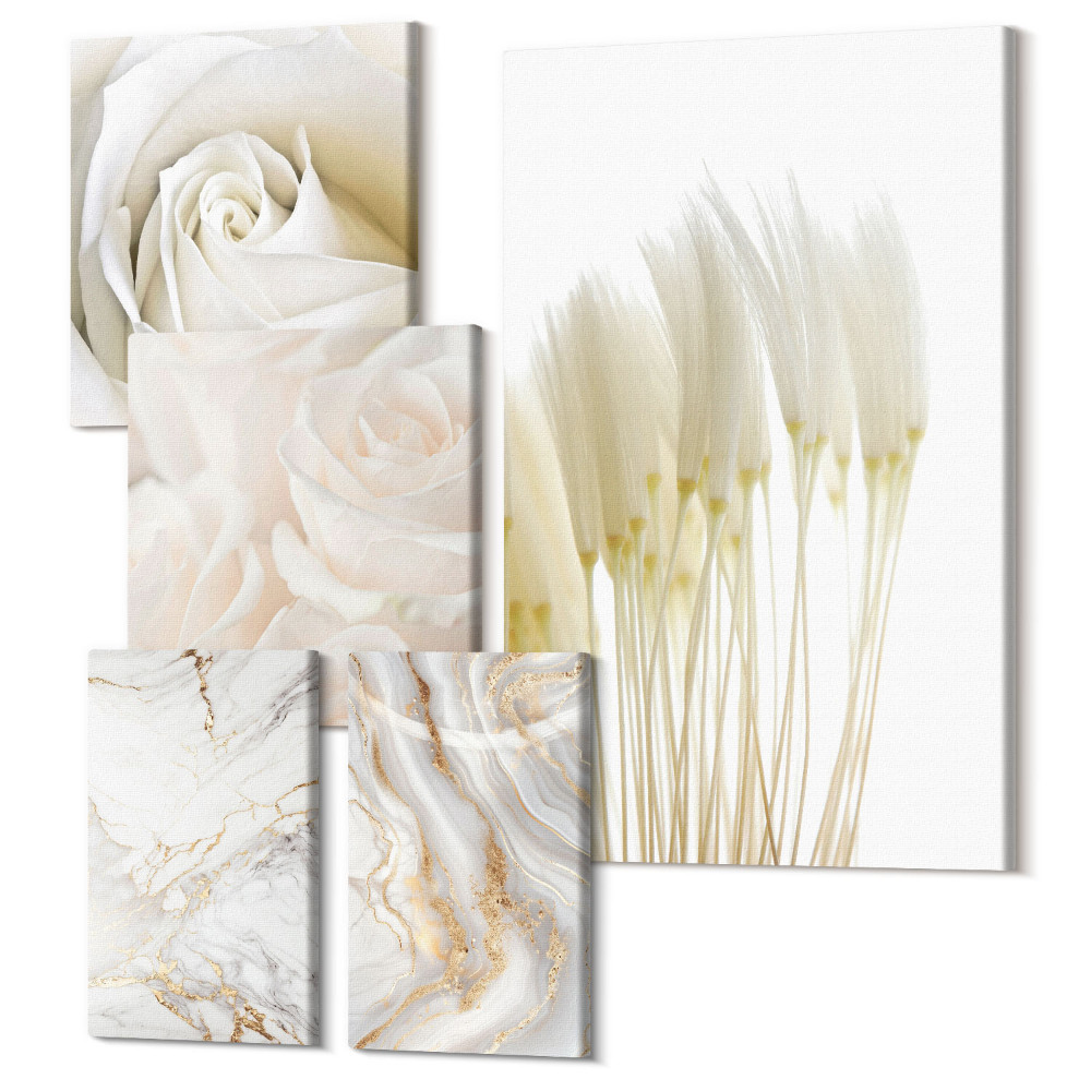 Zestaw obrazów 5 części pentaptyk Eleganckie białe róże i marmurowe akcenty dekoracyjne