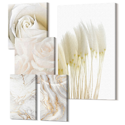 Zestaw obrazów 5 części pentaptyk Eleganckie białe róże i marmurowe akcenty dekoracyjne
