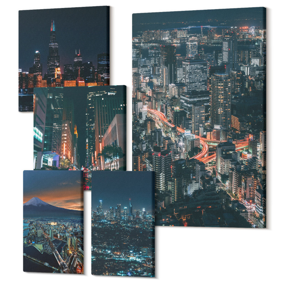 Zestaw obrazów na płótnie pentaptyk Nocne widoki na nowoczesne miasta i ich architekturę