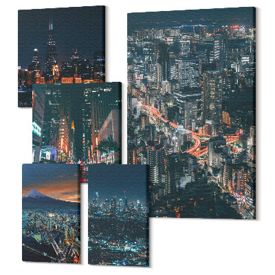 Zestaw obrazów na płótnie pentaptyk Nocne widoki na nowoczesne miasta i ich architekturę
